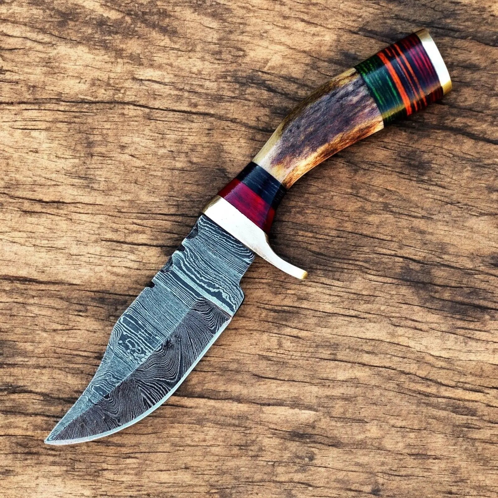 Handmade Damascus Hunting Knife with Antler Horn Handle by Damascus Knife Store, Damascus knife main product photo