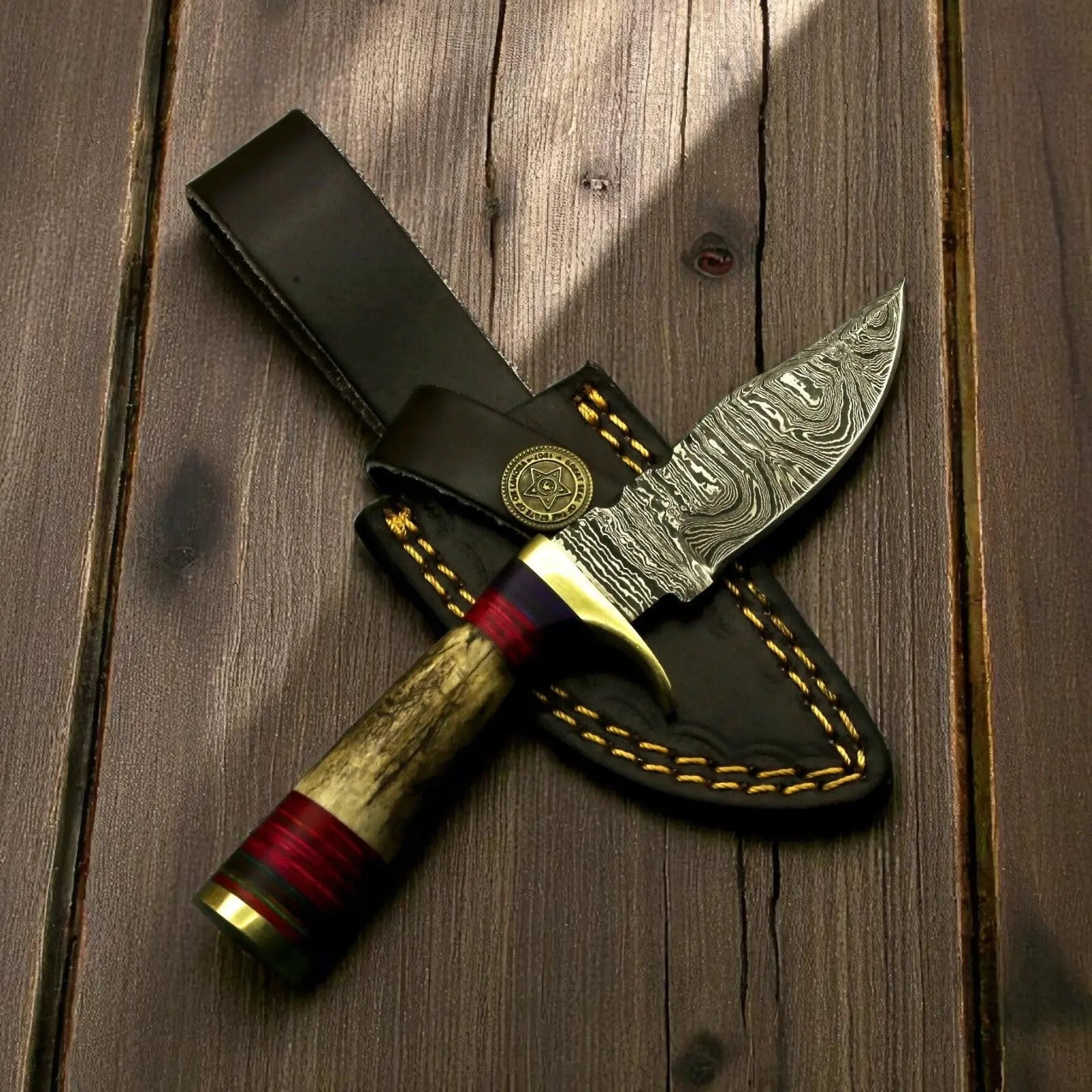 Handmade Damascus Hunting Knife with Antler Horn Handle Damascus Knife Store