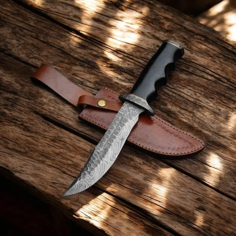 Handmade Damascus Hunting Knife with Buffalo Horn Handle by Damascus Knife Store, Damascus knife main product photo