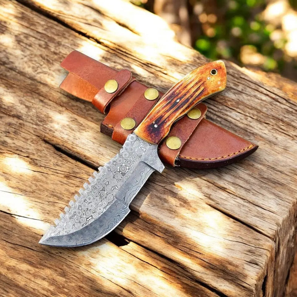 Handmade Damascus Hunting Knife with Camel Bone Handle Damascus Knife Store