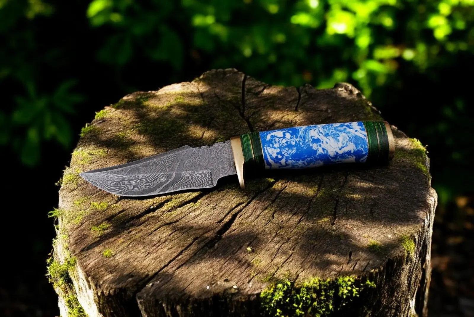 Handmade Damascus Hunting Knife with Epoxy Resin Handle by Damascus Knife Store, Damascus knife detail photo 2