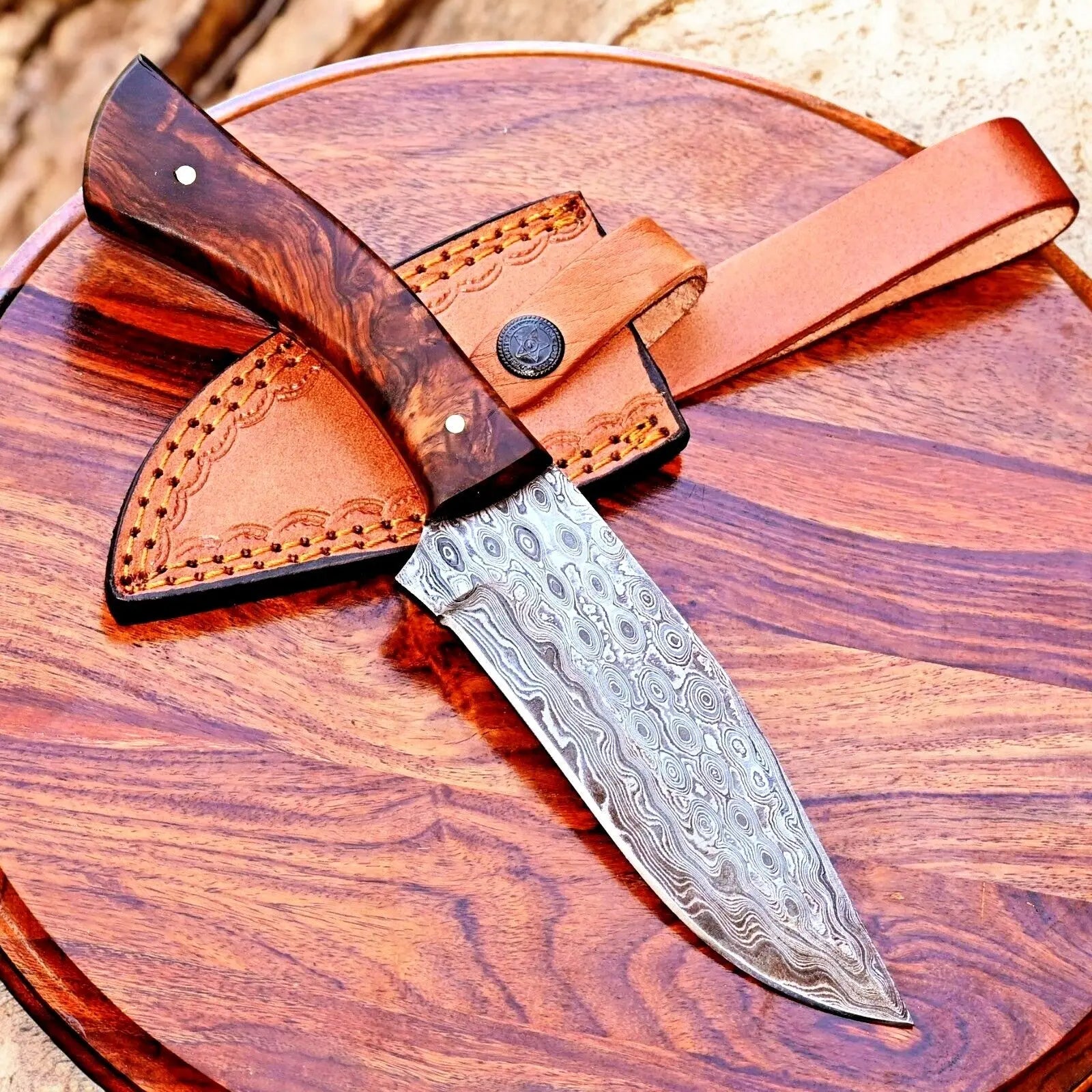 Handmade Damascus Hunting Knife with Rosewood Handle by Damascus Knife Store, Damascus knife main product photo
