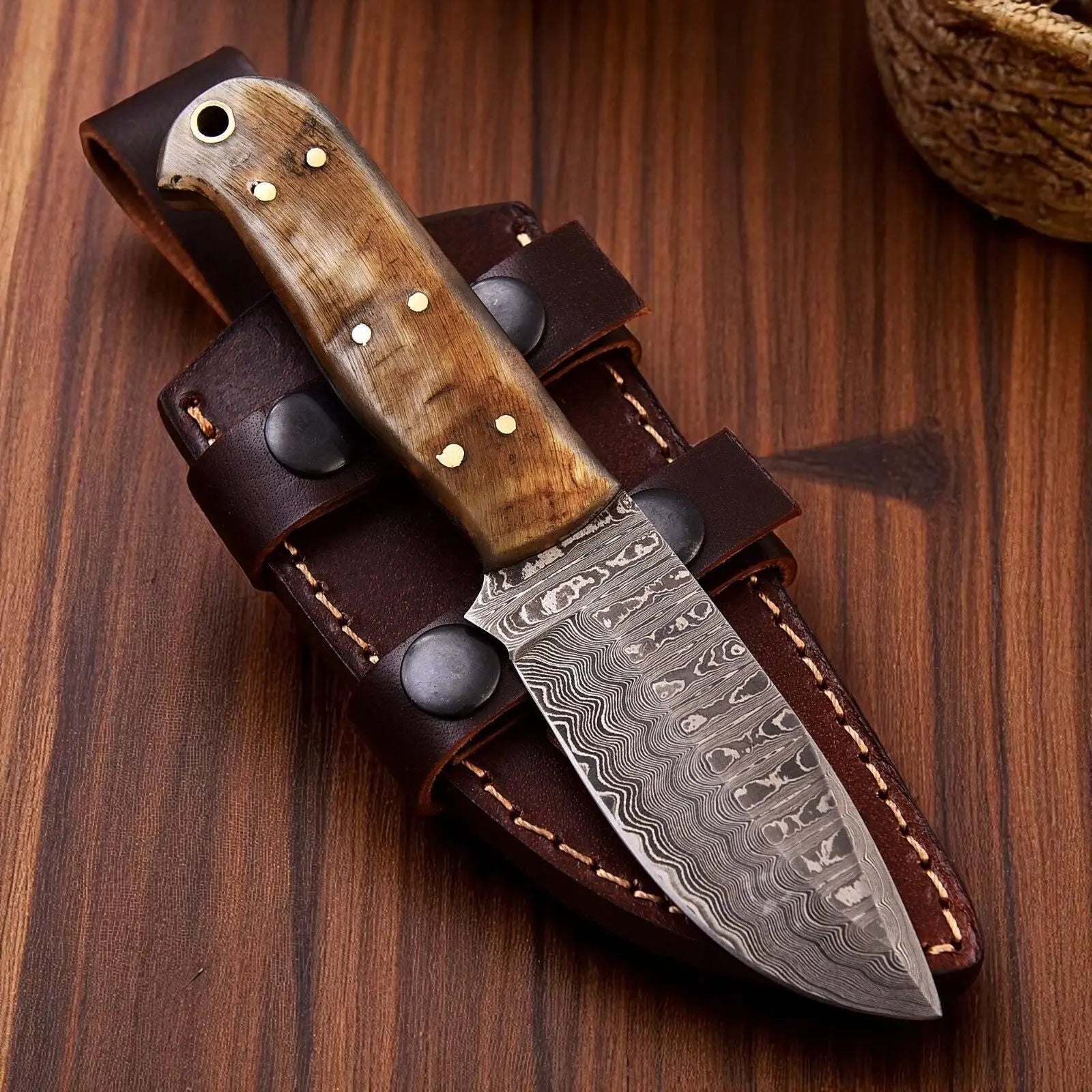 Handmade Damascus Hunting Knife with Sheep Horn Handle Damascus Knife Store