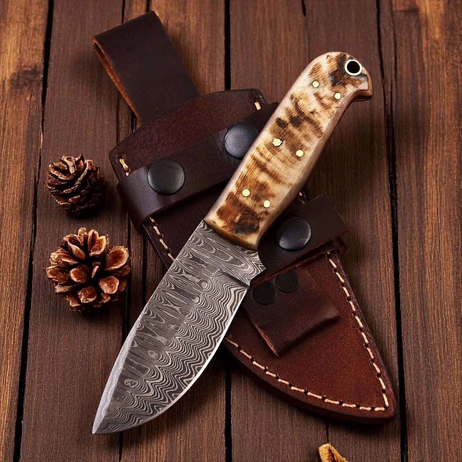 Handmade Damascus Hunting Knife with Sheep Horn Handle Damascus Knife Store