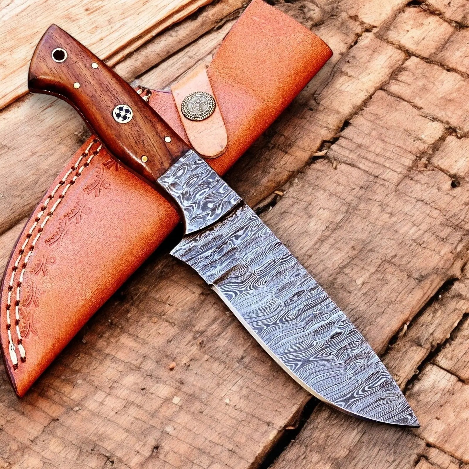 Handmade Damascus Hunting Knife with Wood Handle – 10" by Damascus Knife Store, Damascus knife main product photo