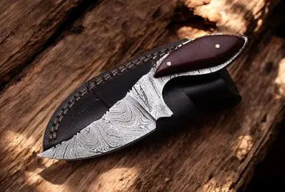 Handmade Damascus Hunting Knife with Wood Handle & Sheath by Damascus Knife Store, leather knife sheath main product photo