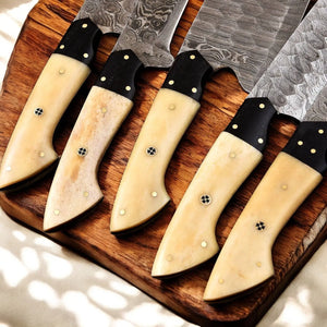 Handmade Damascus Kitchen Knives Set | Bone & Horn Handles by Damascus Knife Store, Southern handmade gift detail photo 3