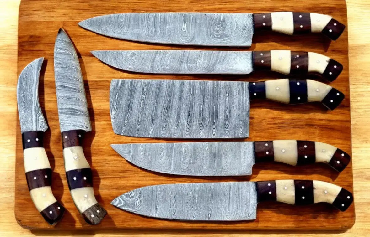 Handmade Damascus Kitchen Knives Set – Bone & Rosewood by Damascus Knife Store, Southern handmade gift detail photo 2