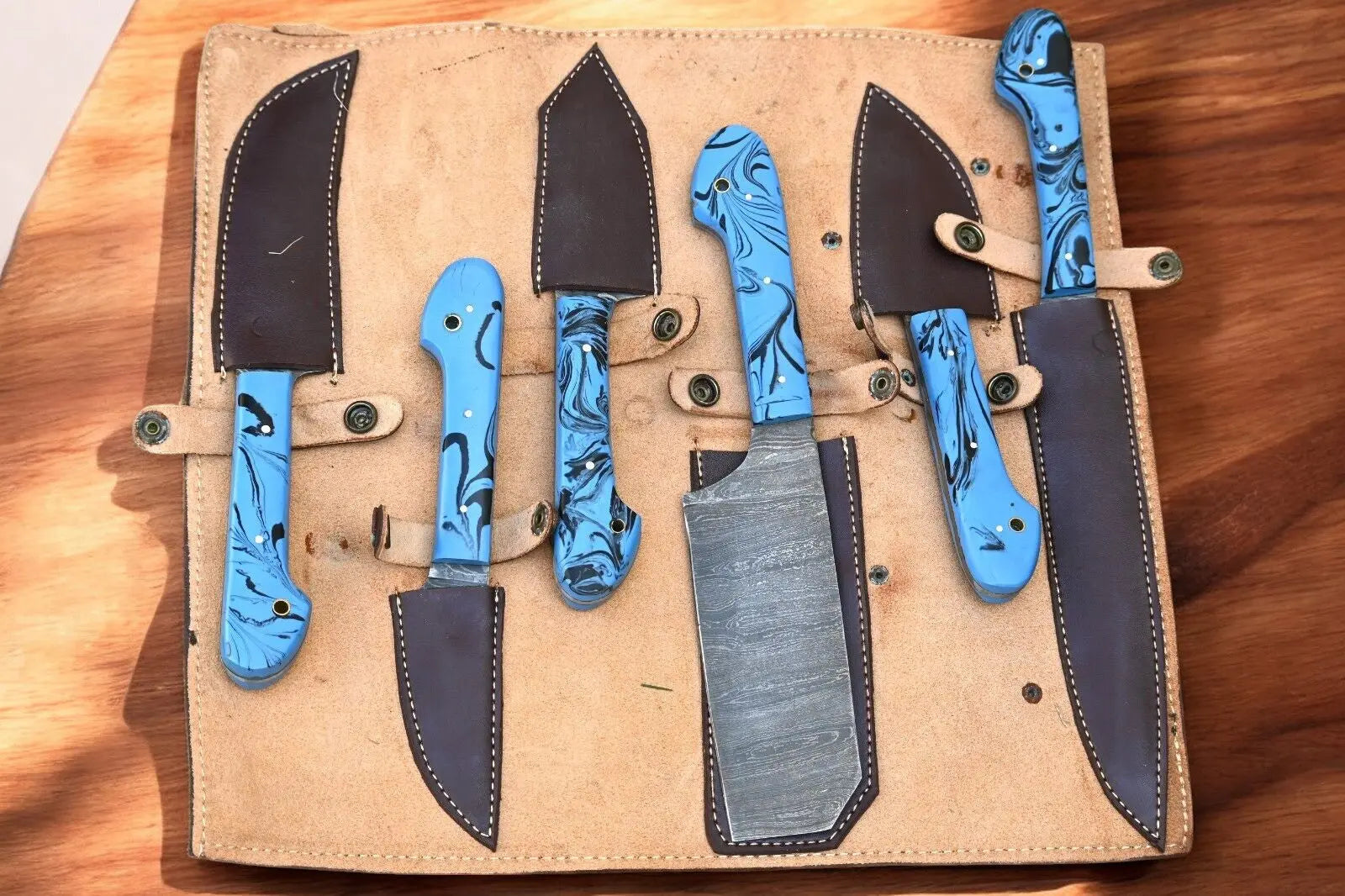 Handmade Damascus Kitchen Knives Set – Epoxy Resin Handles by Damascus Knife Store, Southern handmade gift detail photo 2