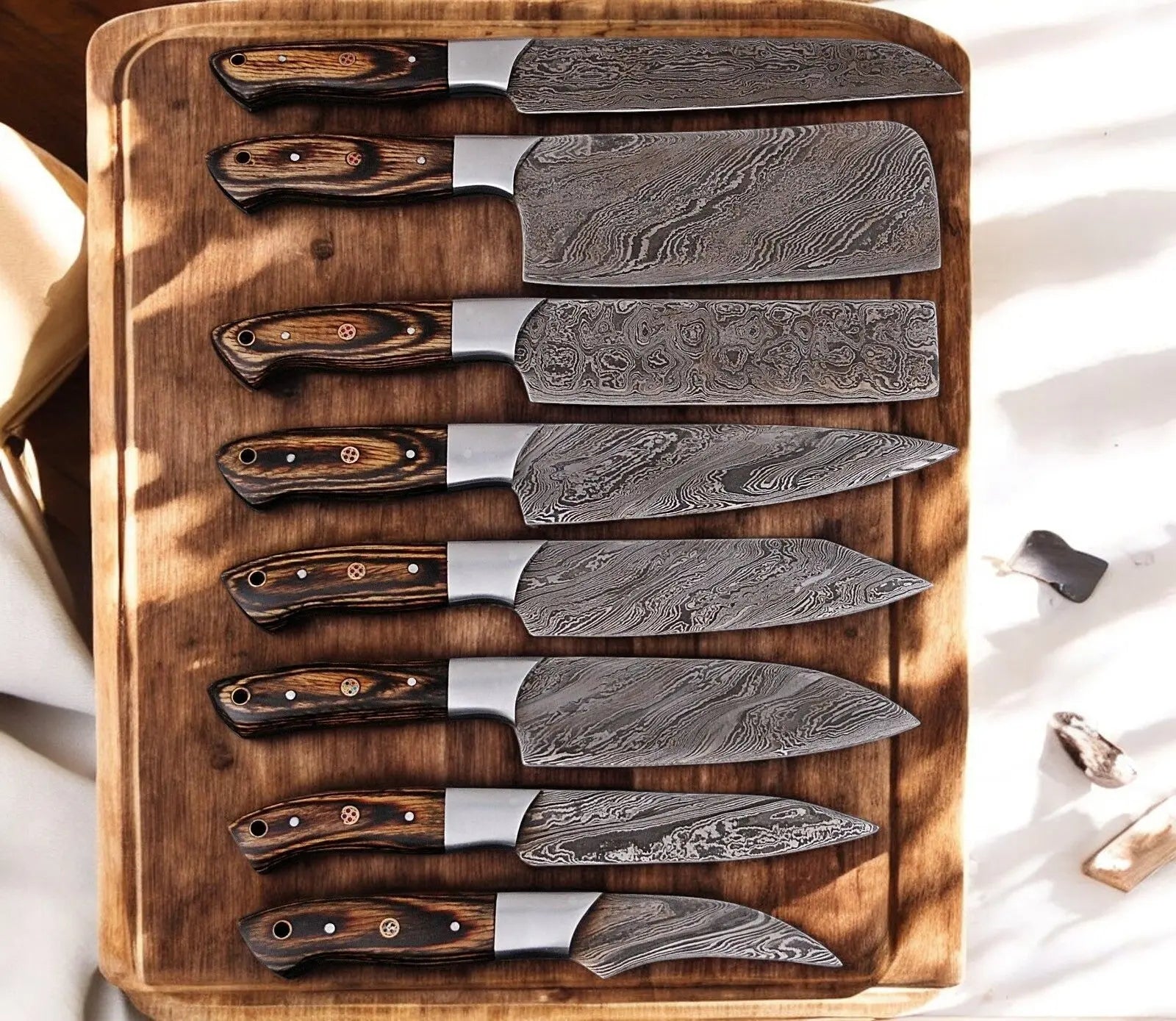 Handmade Damascus Kitchen Knives Set – Exotic Wood Handles Damascus Knife Store