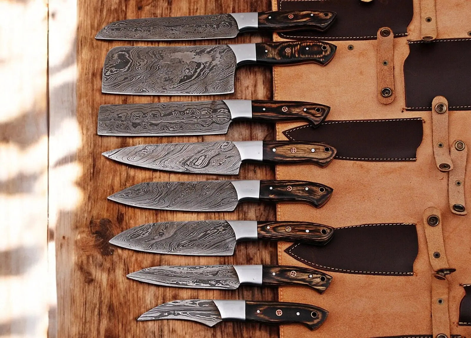 Handmade Damascus Kitchen Knives Set – Exotic Wood Handles Damascus Knife Store