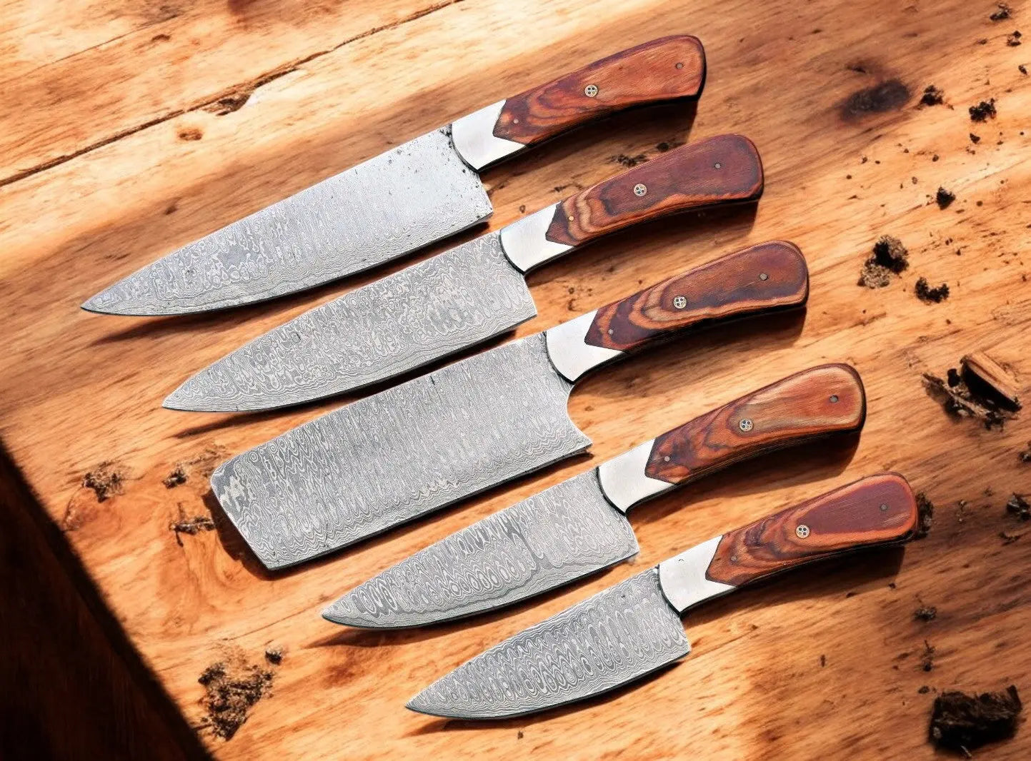 Handmade Damascus Kitchen Knives Set – Exotic Wood Handles Damascus Knife Store