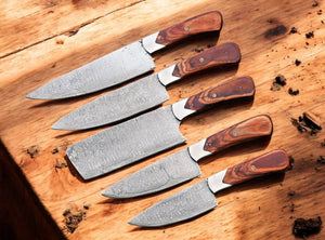 Handmade Damascus Kitchen Knives Set – Exotic Wood Handles Damascus Knife Store