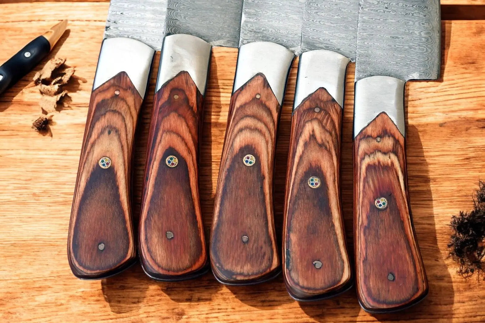 Handmade Damascus Kitchen Knives Set – Exotic Wood Handles Damascus Knife Store