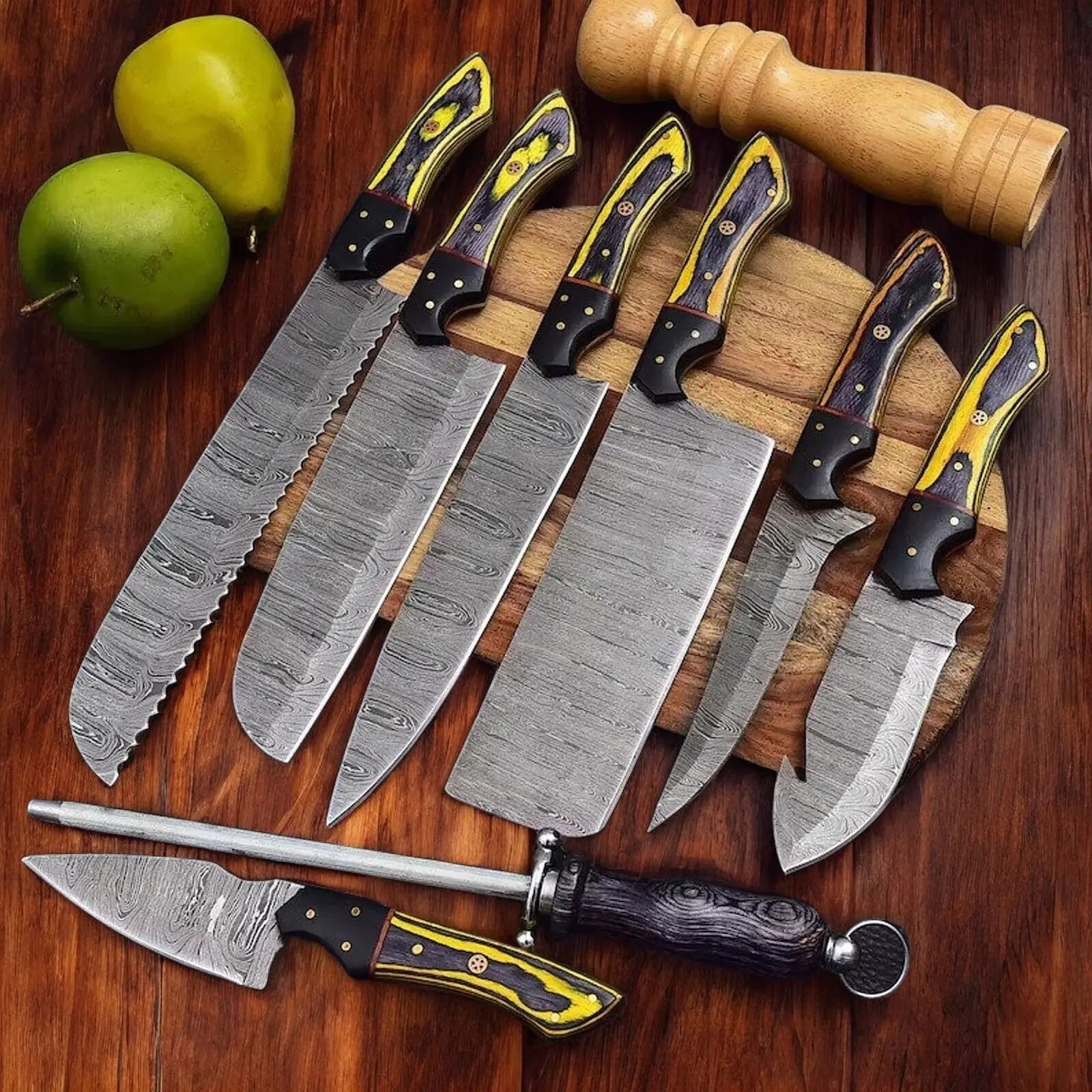 Handmade Damascus Kitchen Knives Set | Exotic Wood & Horn Damascus Knife Store