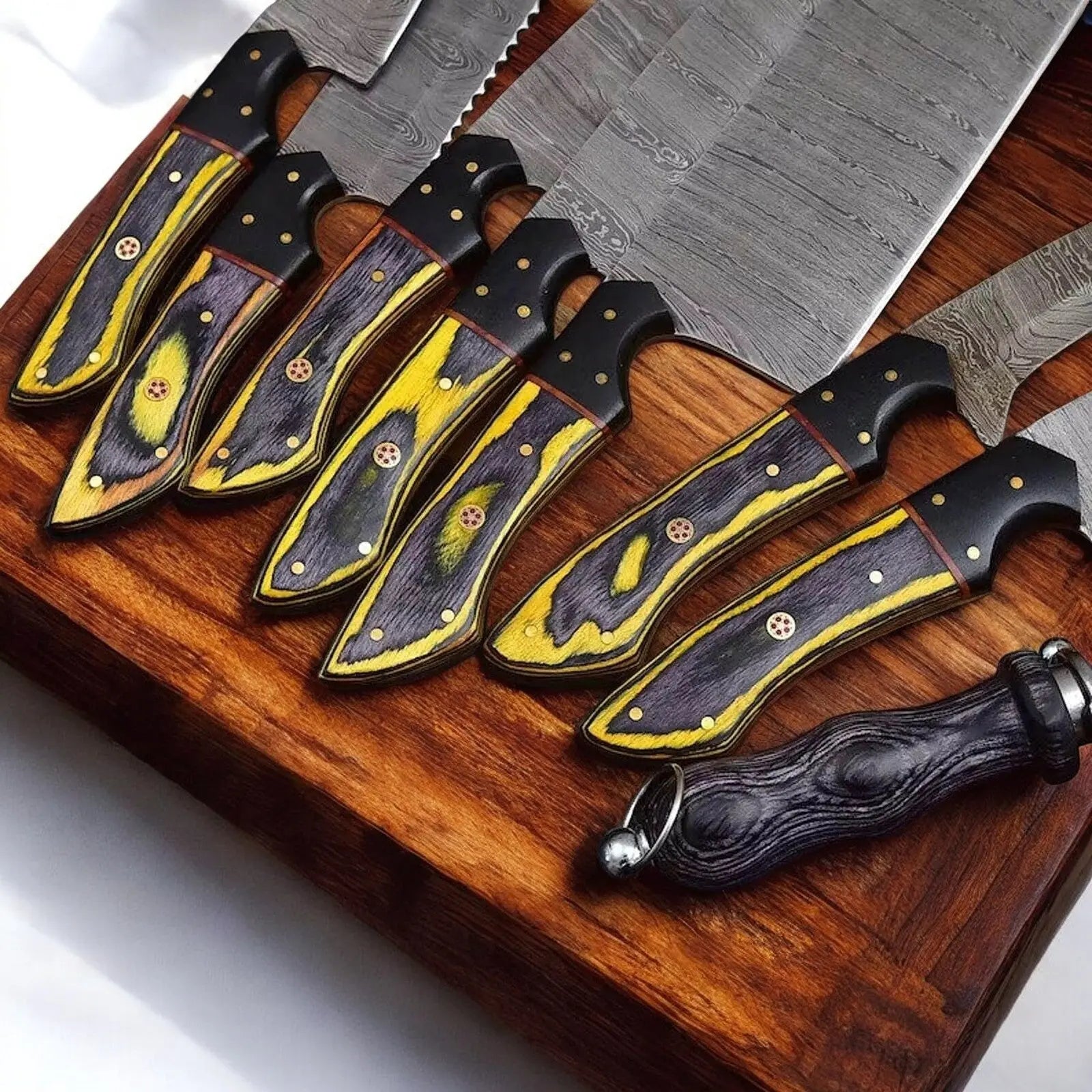 Handmade Damascus Kitchen Knives Set | Exotic Wood & Horn Damascus Knife Store