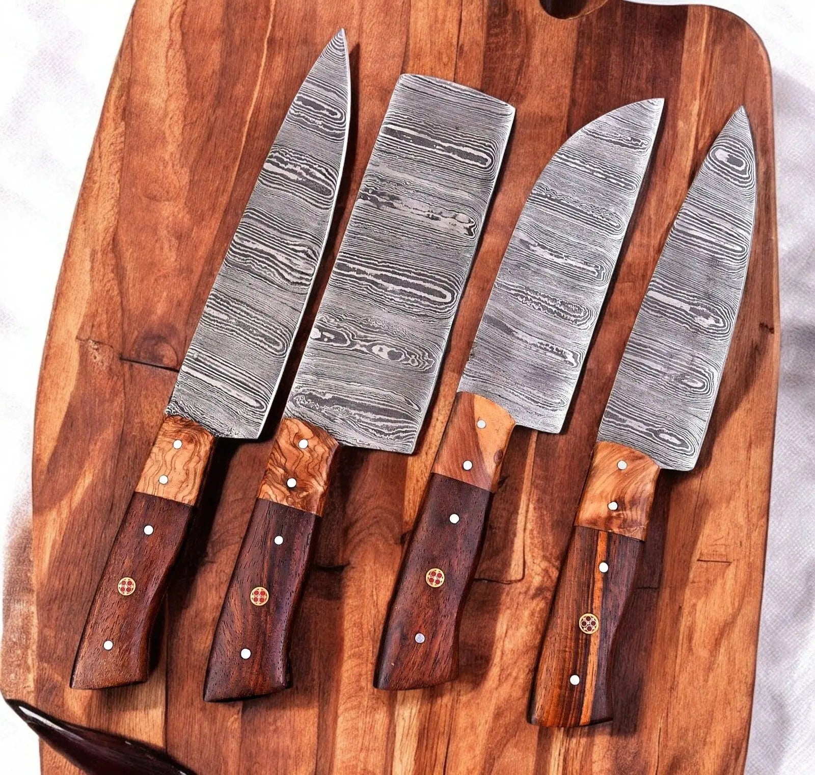 Handmade Damascus Kitchen Knives Set – Olive & Rosewood Damascus Knife Store