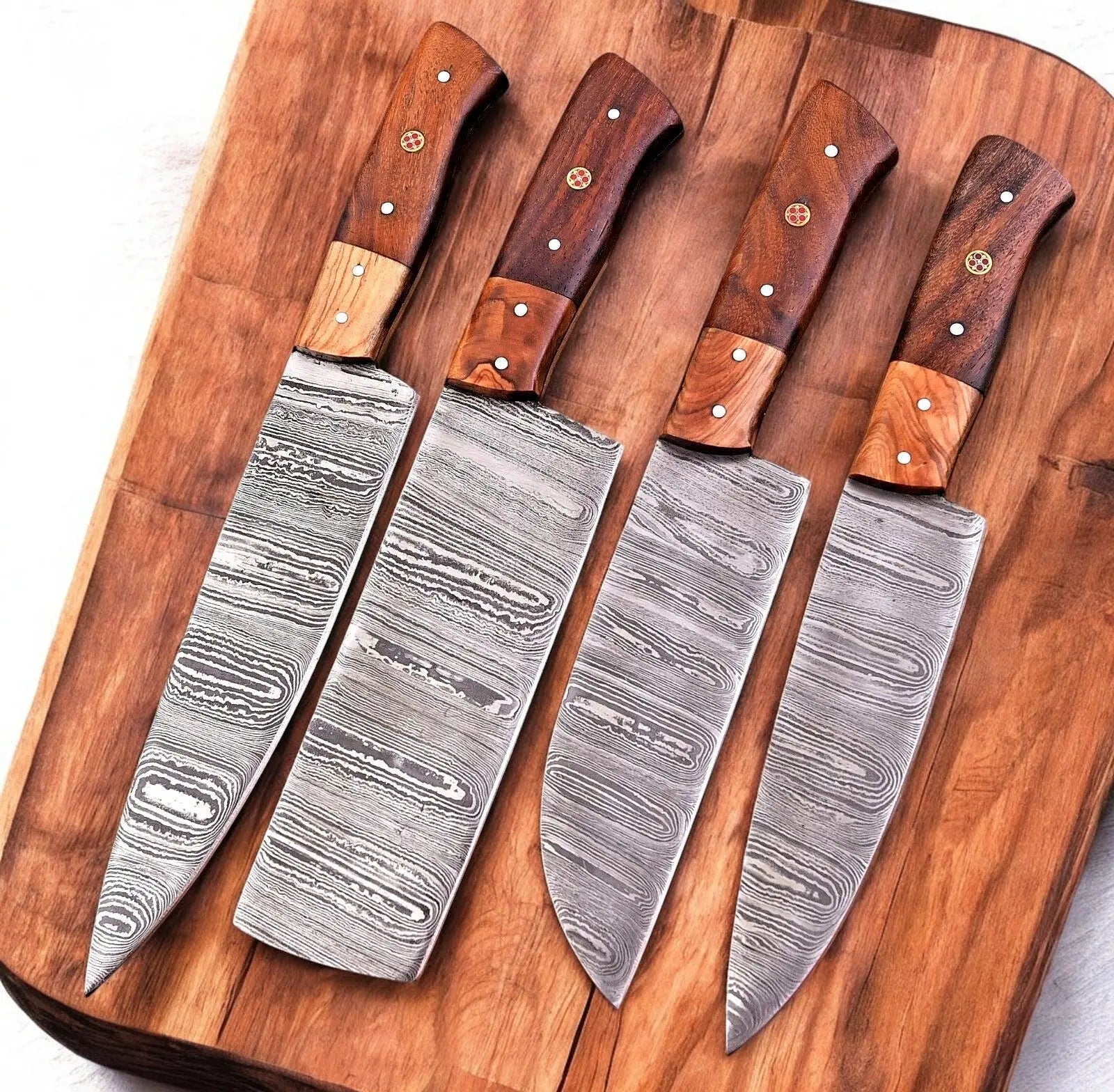 Handmade Damascus Kitchen Knives Set – Olive & Rosewood Damascus Knife Store