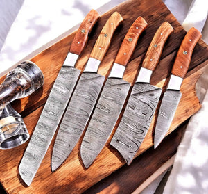 Handmade Damascus Kitchen Knives Set – Olivewood Handles by Damascus Knife Store, Southern handmade gift main product photo