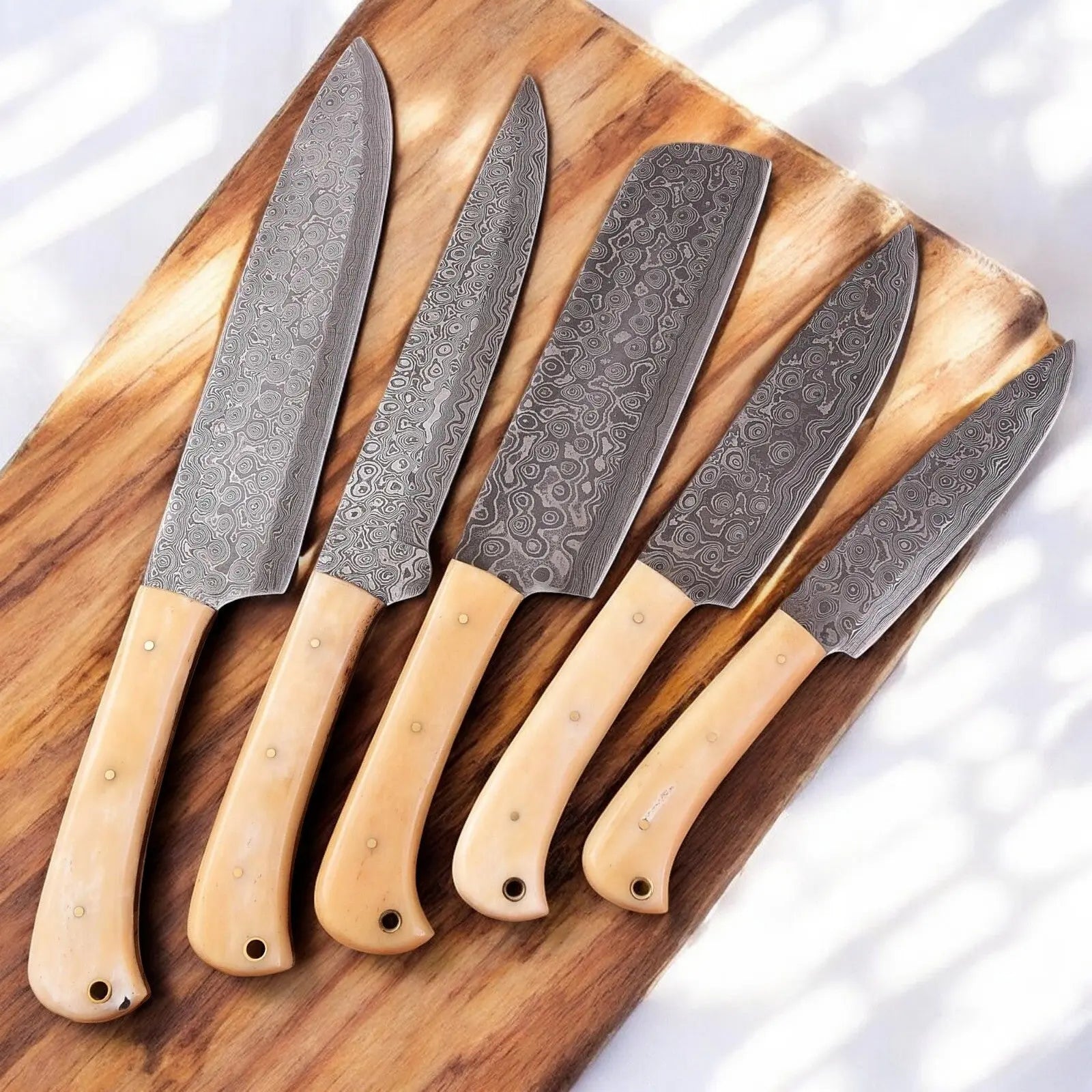Handmade Damascus Kitchen Knives Set with Bone Handles Damascus Knife Store