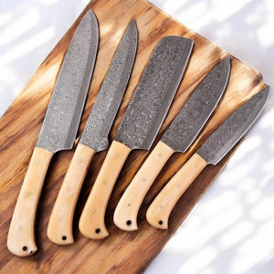 Handmade Damascus Kitchen Knives Set with Bone Handles Damascus Knife Store