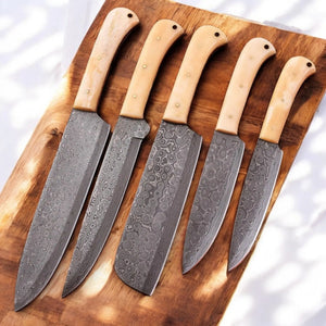 Handmade Damascus Kitchen Knives Set with Bone Handles Damascus Knife Store