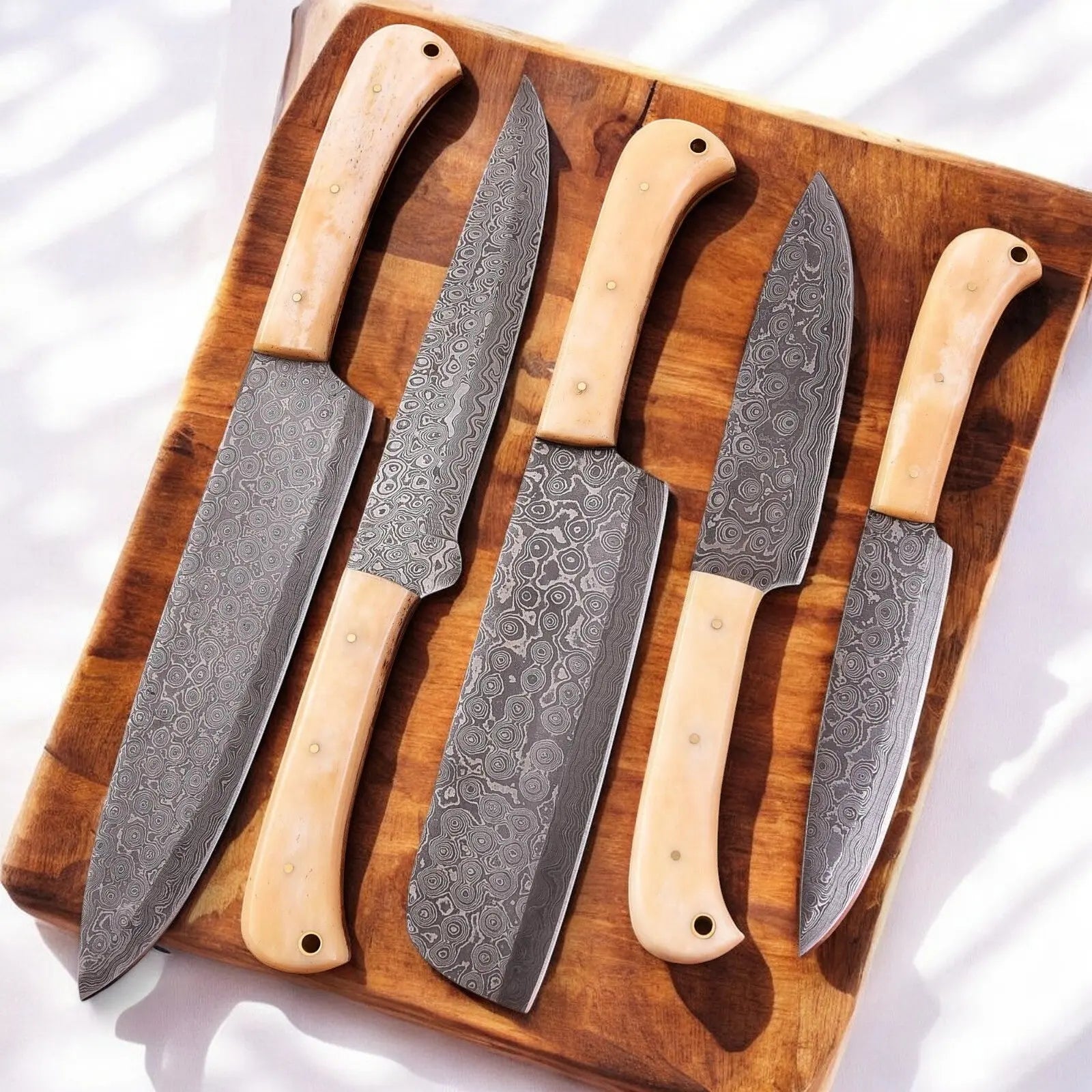 Handmade Damascus Kitchen Knives Set with Bone Handles Damascus Knife Store