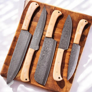 Handmade Damascus Kitchen Knives Set with Bone Handles Damascus Knife Store