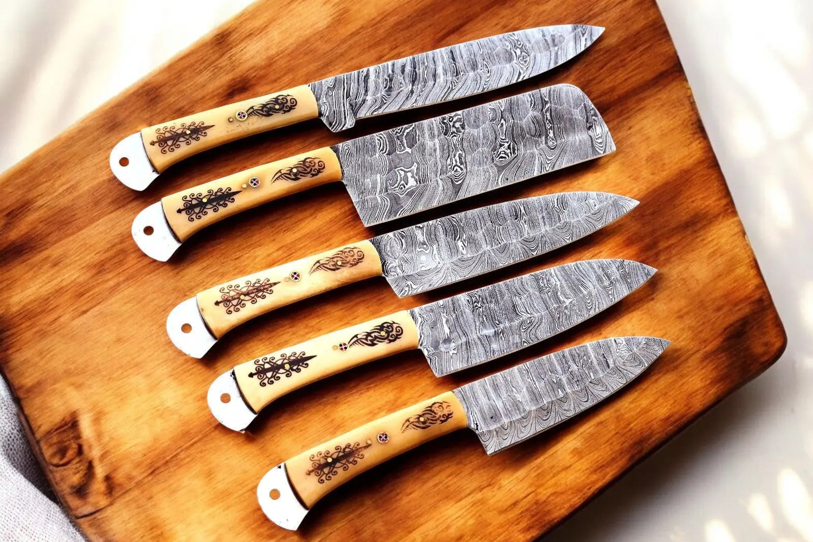Handmade Damascus Kitchen Knives Set with Engraved Bone Damascus Knife Store
