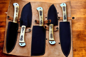 Handmade Damascus Kitchen Knives Set with Engraved Bone by Damascus Knife Store, Southern handmade gift detail photo 3