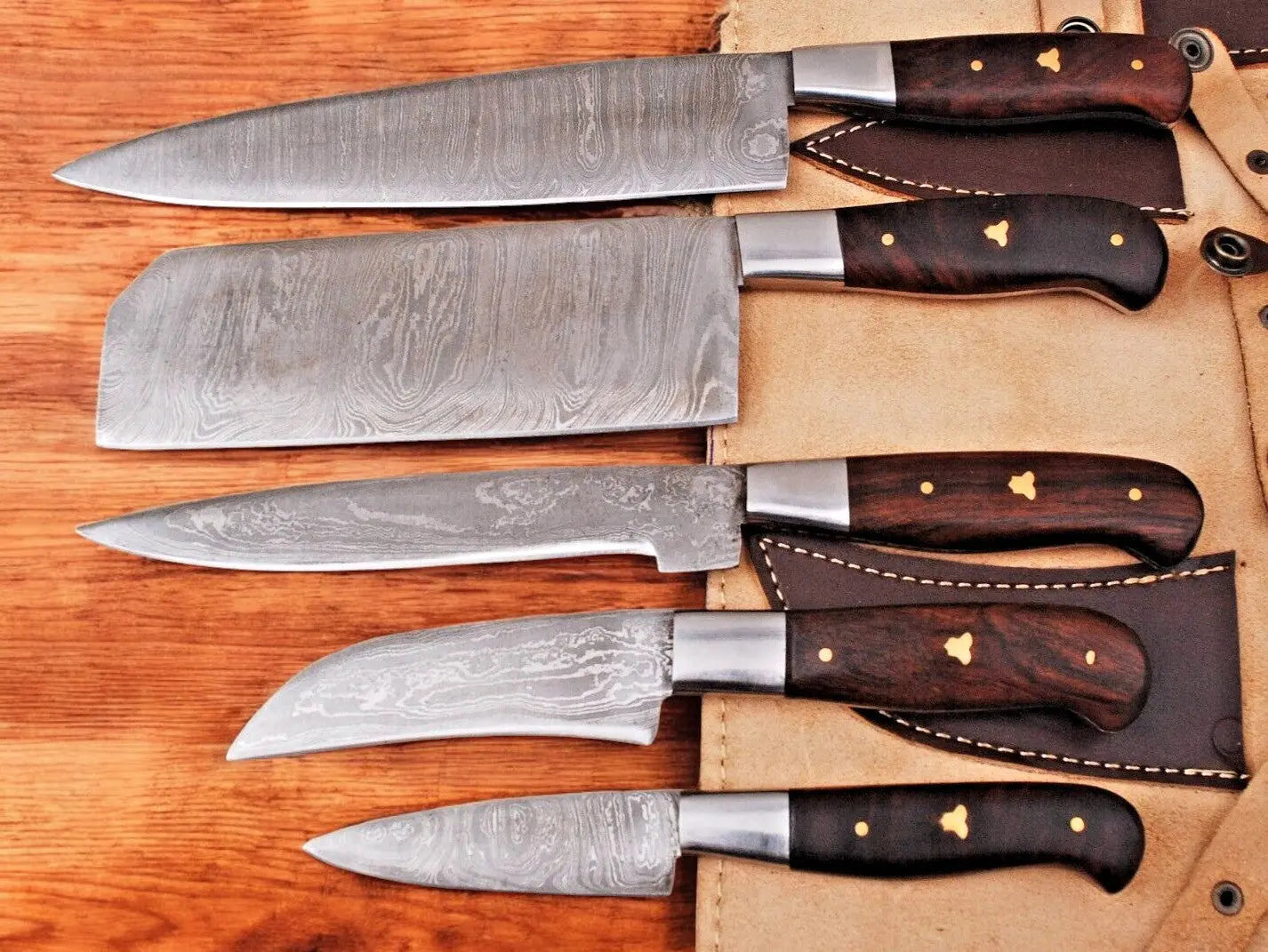 Handmade Damascus Kitchen Knives Set with Leather Roll Damascus Knife Store
