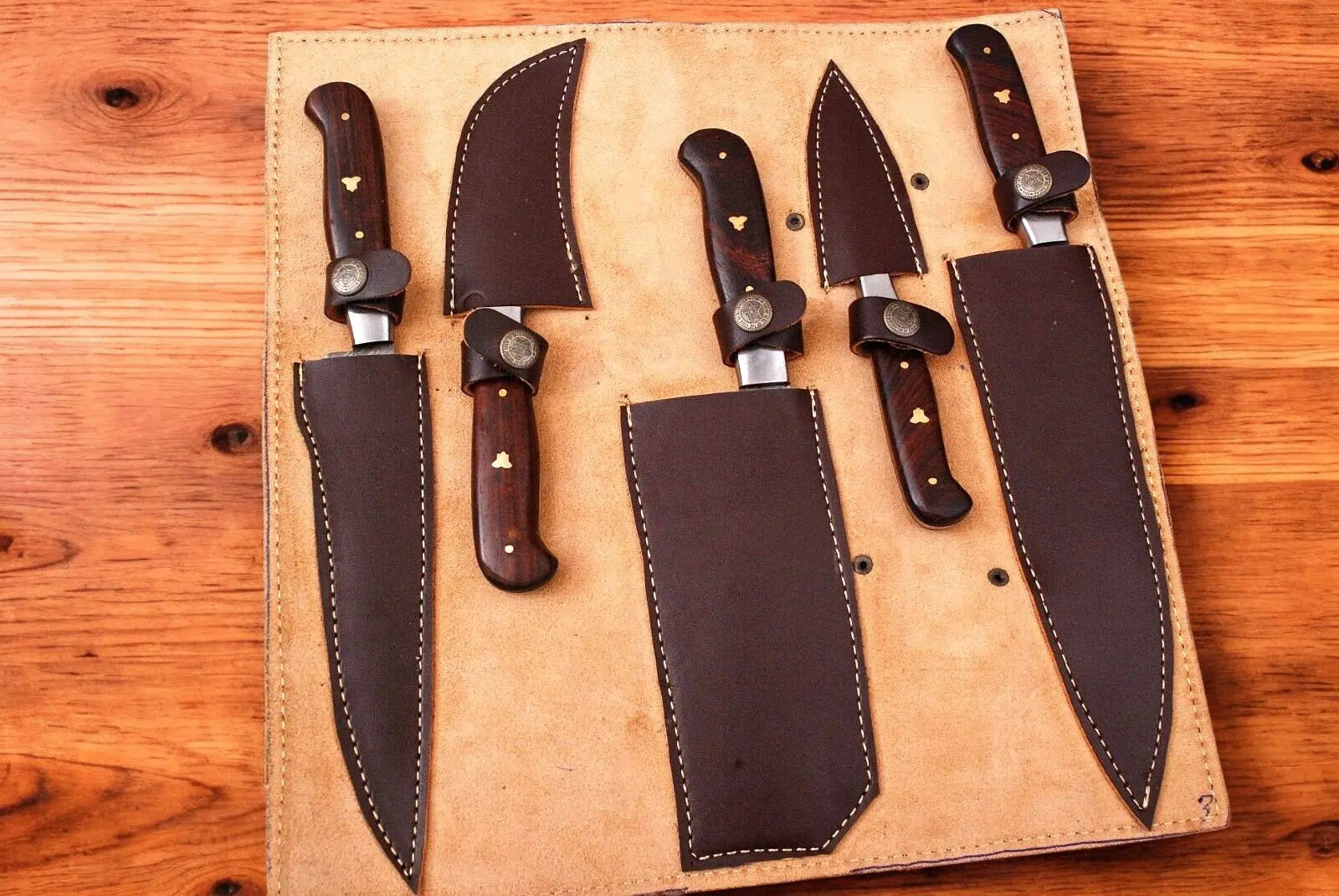 Handmade Damascus Kitchen Knives Set with Leather Roll Damascus Knife Store