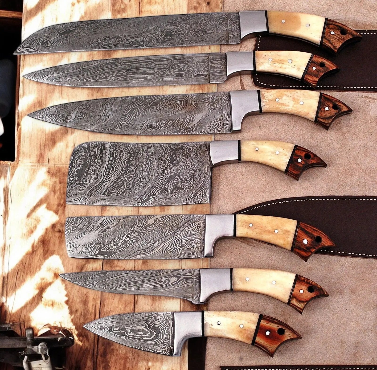 Handmade Damascus Kitchen Knives Set with Leather Roll Damascus Knife Store