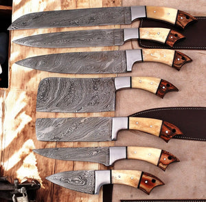 Handmade Damascus Kitchen Knives Set with Leather Roll Damascus Knife Store