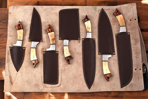 Handmade Damascus Kitchen Knives Set with Leather Roll Damascus Knife Store