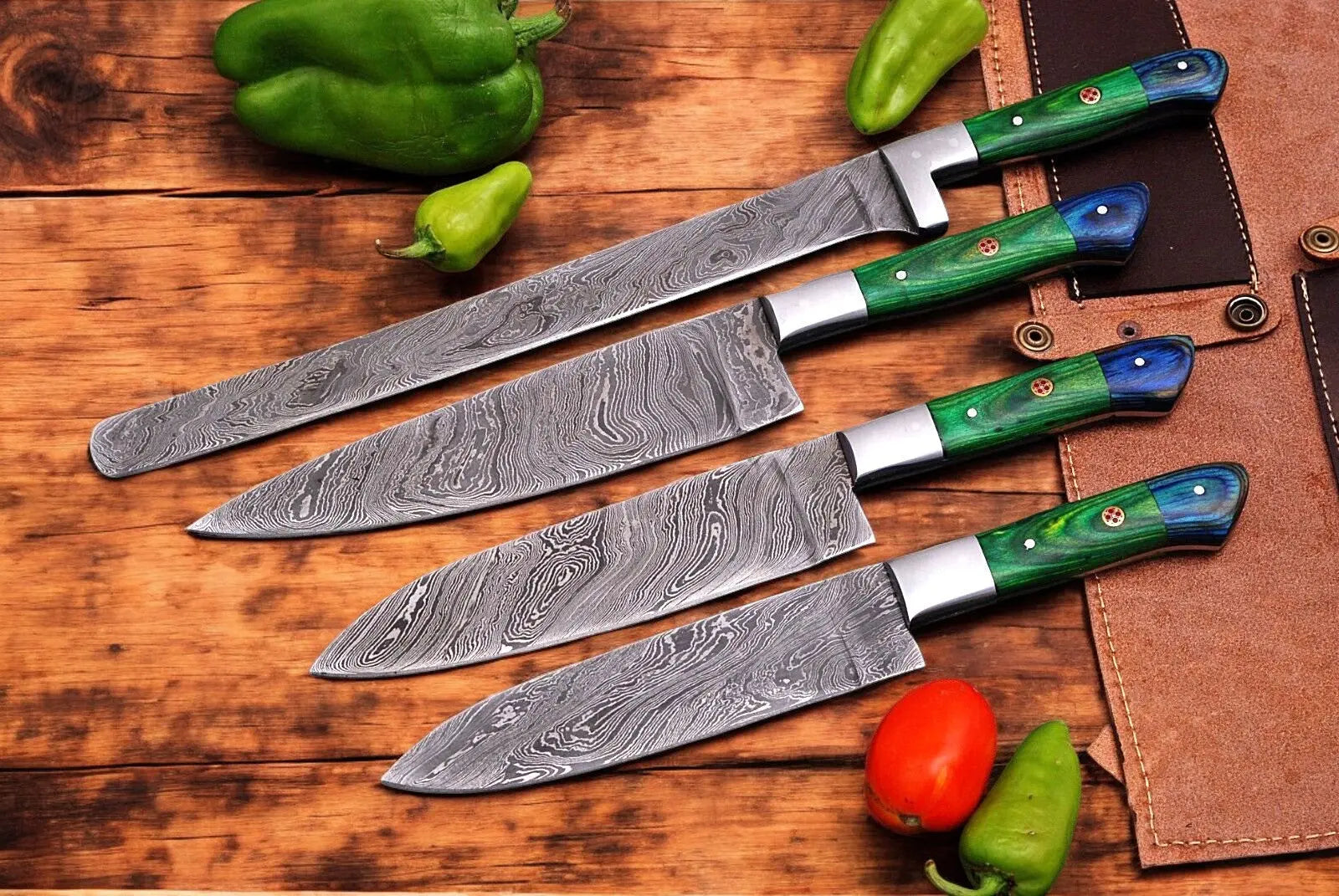 Handmade Damascus Kitchen Knives Set with Leather Roll by Damascus Knife Store, Southern handmade gift main product photo
