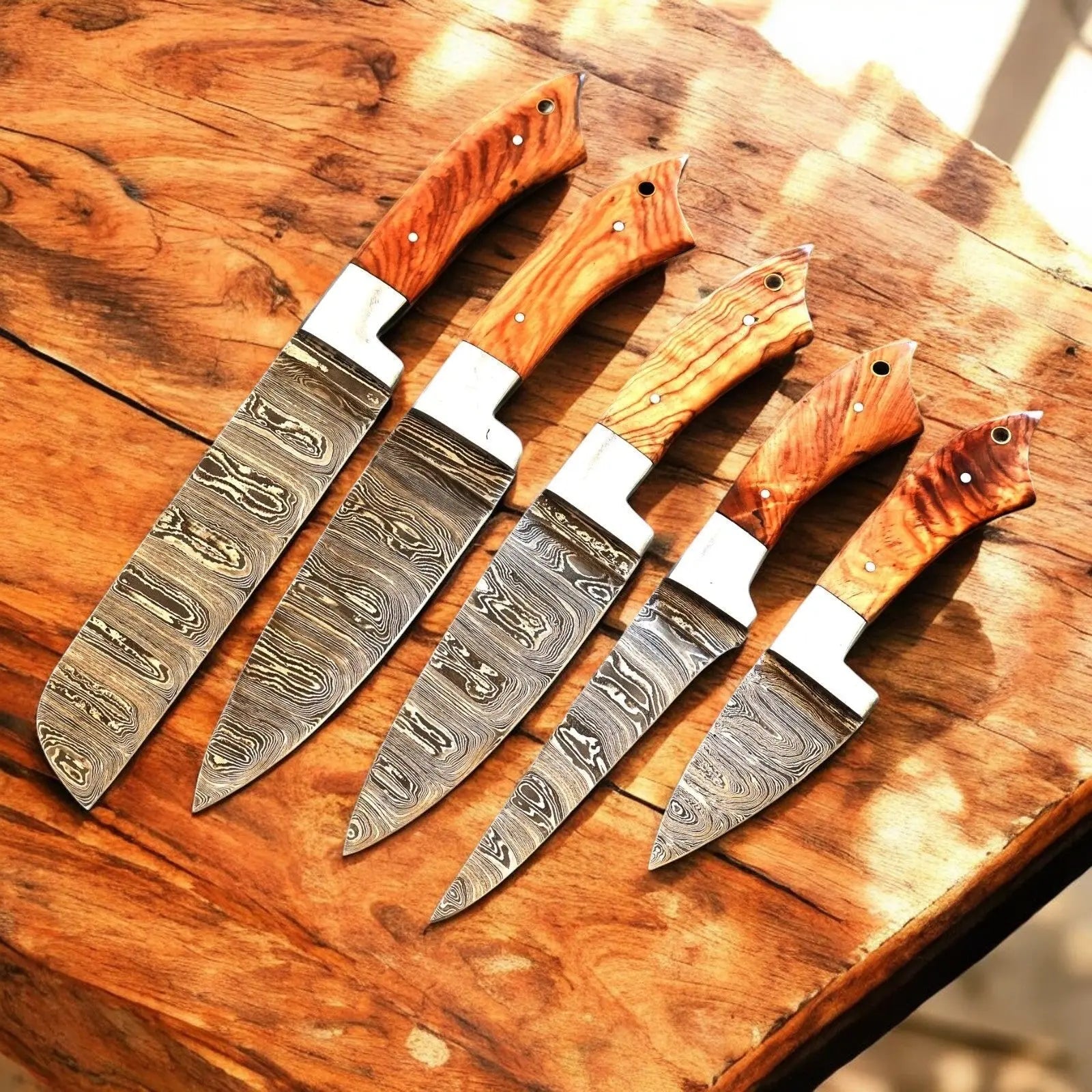 Handmade Damascus Kitchen Knives Set with Olivewood Handle by Damascus Knife Store, Southern handmade gift main product photo