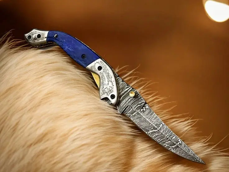 Handmade Damascus Pocket Knife – Blue Wood Handle by Damascus Knife Store, Damascus knife main product photo