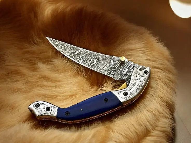 Handmade Damascus Pocket Knife – Blue Wood Handle by Damascus Knife Store, Damascus knife detail photo 2