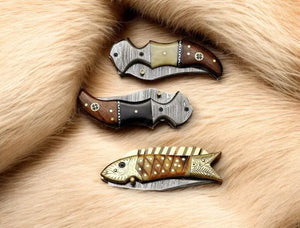 Handmade Damascus Pocket Knife – Bone Handle & Brass Engraving Damascus Knife Store