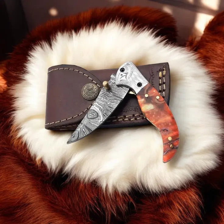 Handmade Damascus Pocket Knife – Epoxy Resin Handle by Damascus Knife Store, Damascus knife main product photo