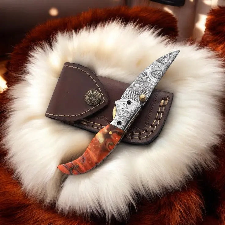 Handmade Damascus Pocket Knife – Epoxy Resin Handle by Damascus Knife Store, Damascus knife detail photo 2