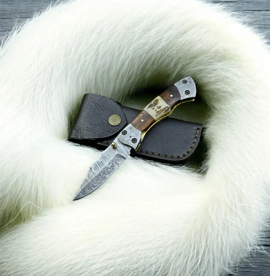 Handmade Damascus Pocket Knife – Rosewood & Antler Horn by Damascus Knife Store, Damascus knife main product photo