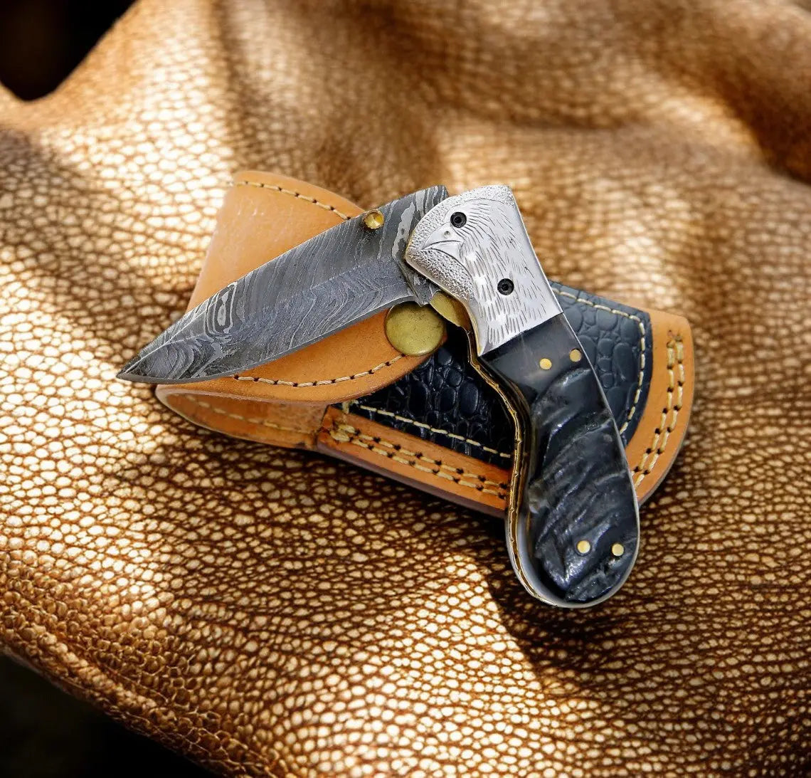 Handmade Damascus Pocket Knife – Sheep Horn Handle by Damascus Knife Store, Damascus knife main product photo
