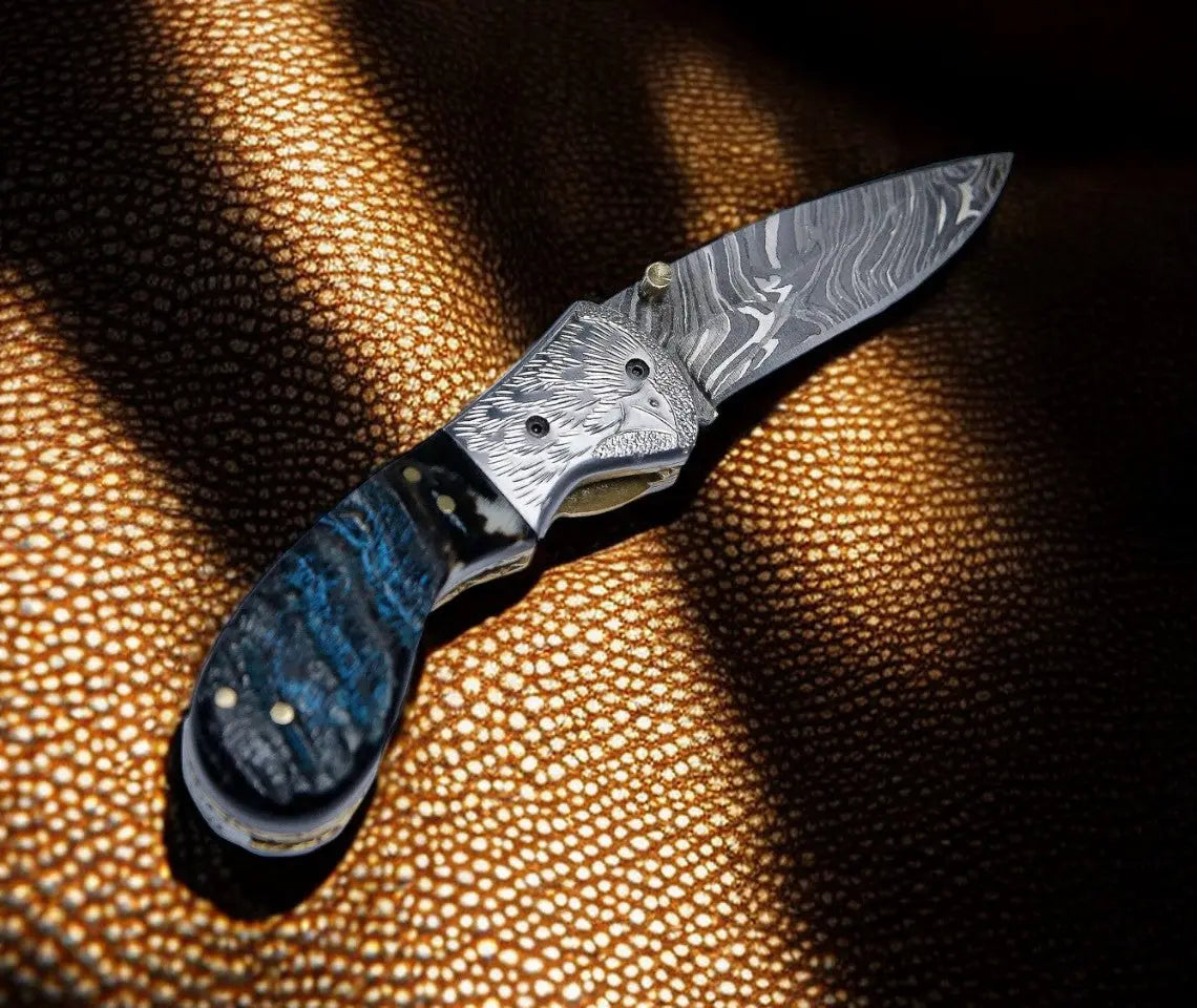 Handmade Damascus Pocket Knife – Sheep Horn Handle by Damascus Knife Store, Damascus knife detail photo 2