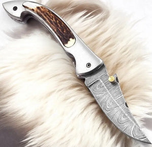 Handmade Damascus Pocket Knife – Stag Horn Handle, 3” Damascus Knife Store