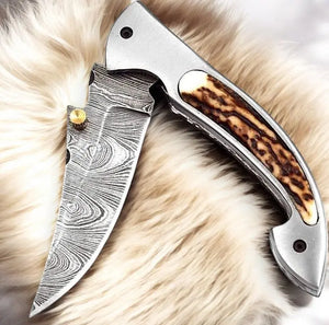 Handmade Damascus Pocket Knife – Stag Horn Handle, 3” Damascus Knife Store