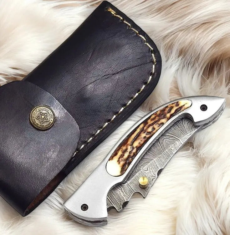 Handmade Damascus Pocket Knife – Stag Horn Handle, 3” Damascus Knife Store