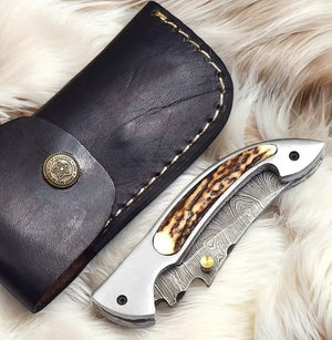 Handmade Damascus Pocket Knife – Stag Horn Handle, 3” Damascus Knife Store