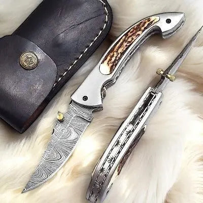 Handmade Damascus Pocket Knife – Stag Horn Handle, 3” Damascus Knife Store